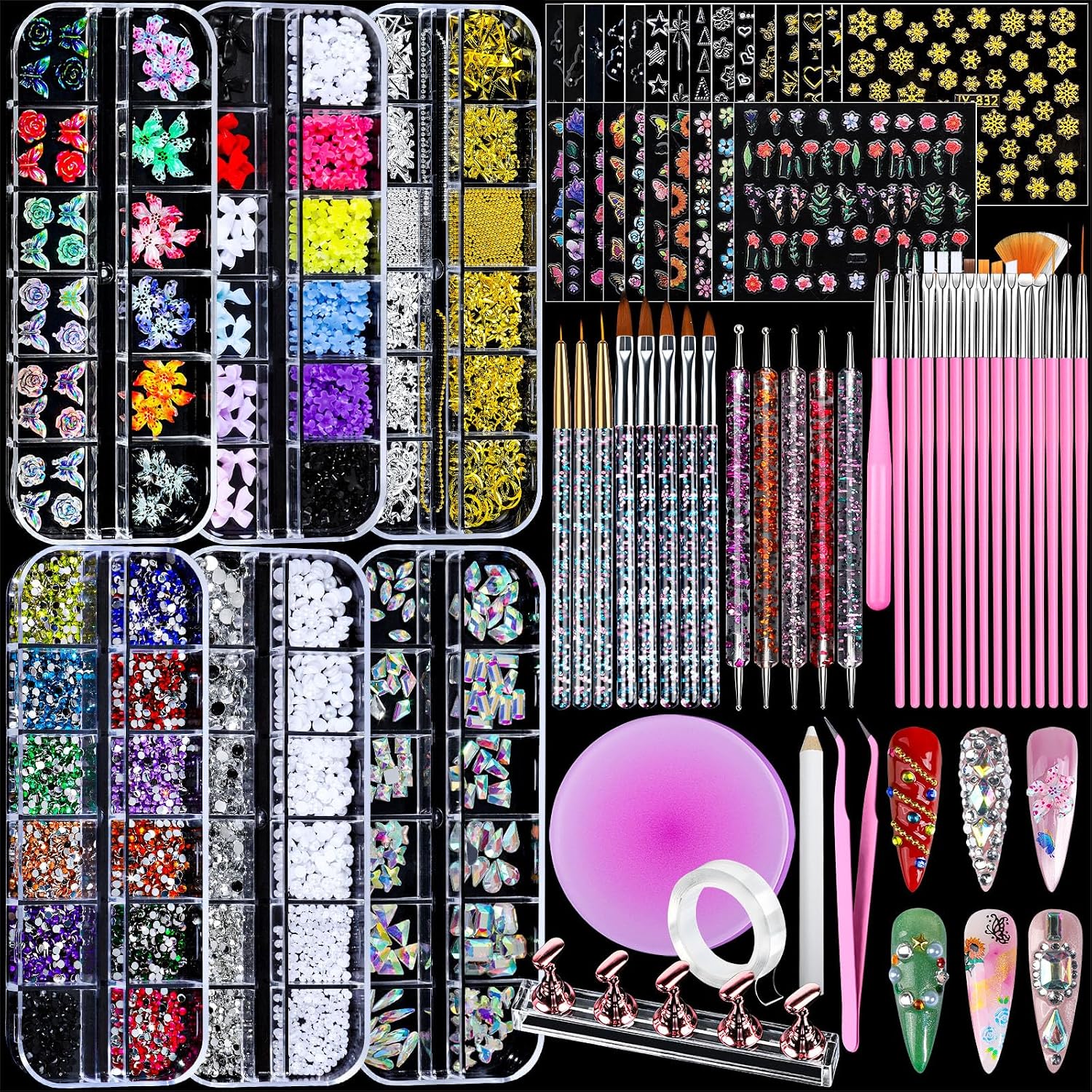 nail art kit with rhinestones: charms, brushes & decals