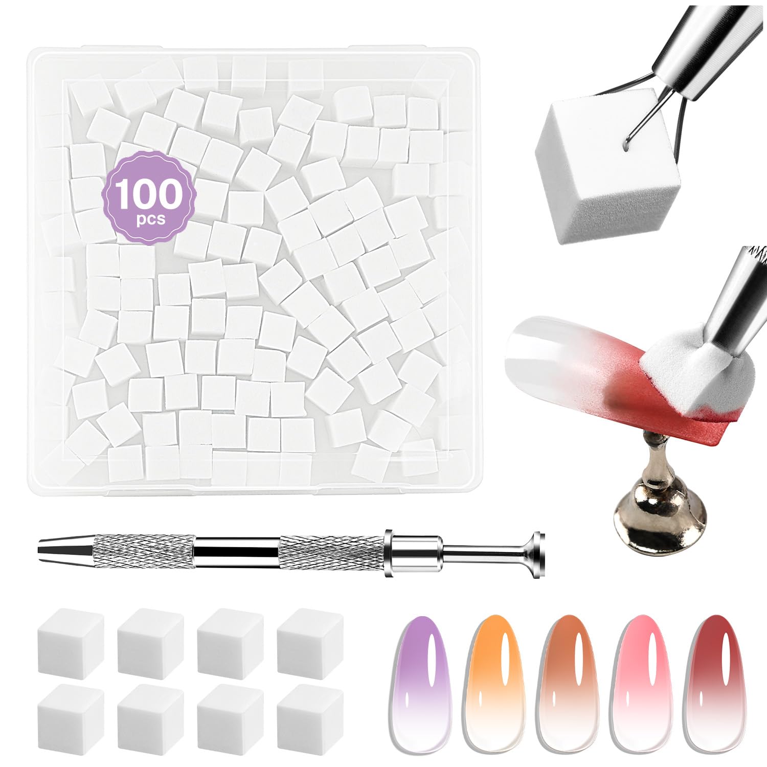 Ombre Nail Sponge Kit: 100pcs Sponges + Grabber Pen